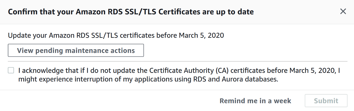 Screenshot of AWS console alert