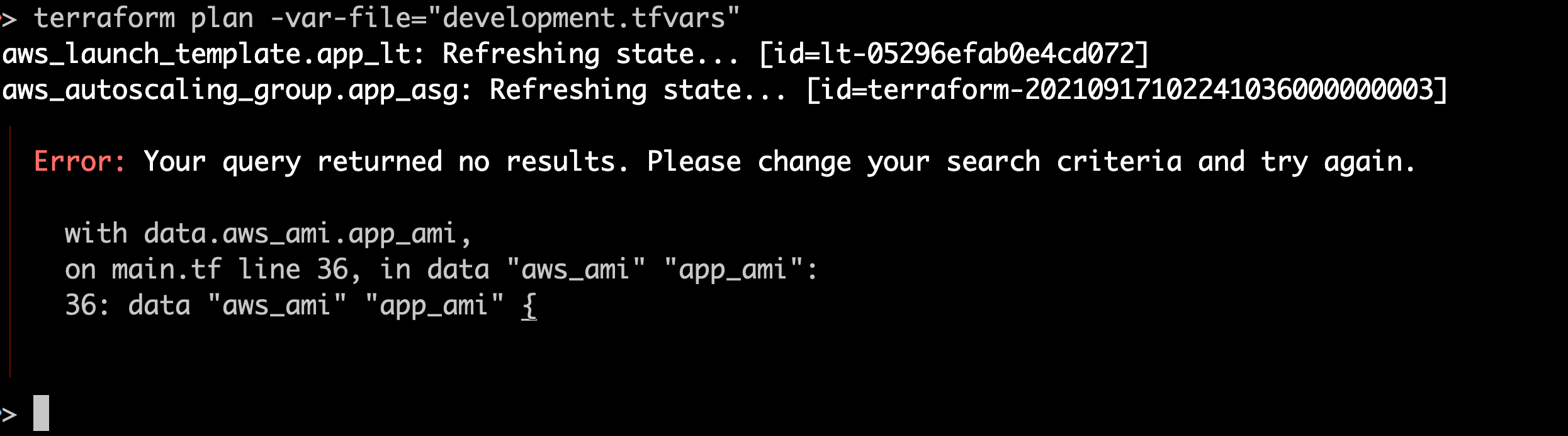 A terminal screenshot showing a terraform plan error because the AMI data source query returned no results.