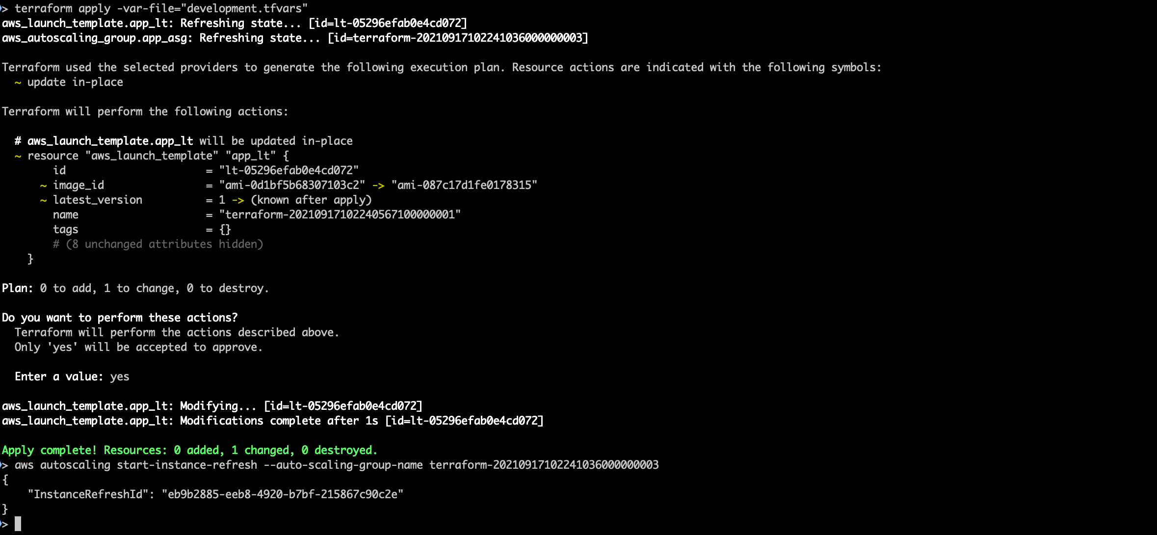 A terminal screenshot showing a successful terraform apply run and aws cli start instance refresh execution.