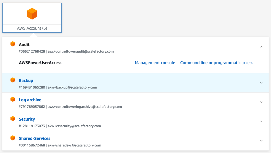 A screenshot showing a list of accessible AWS accounts for the logged in user.
