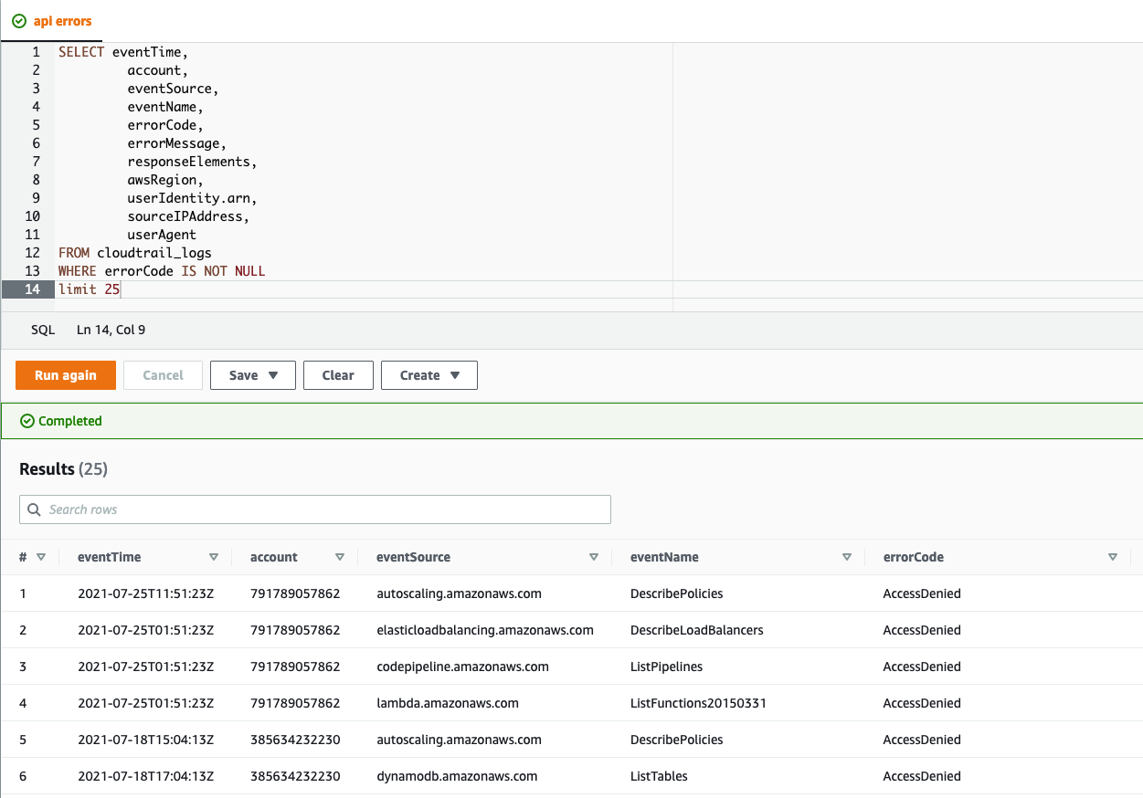 A screenshot showing a query of AWS control plane logs across multiple accounts.