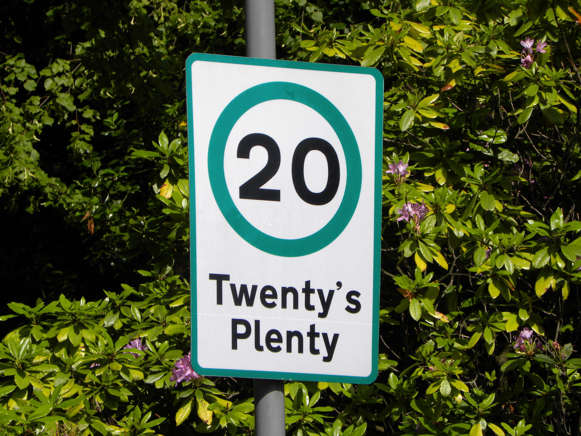 A speed limit sign saying twenty's plenty.
