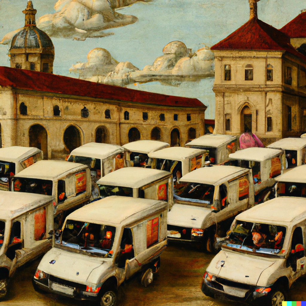 An AI generated Baroque painting of a herd of moving vans in front of some renaissance architecture