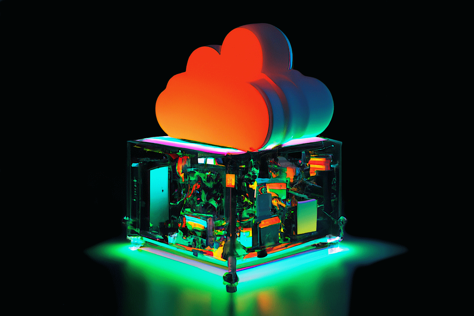 An abstract picture of a server underneath a brightly lit cloud