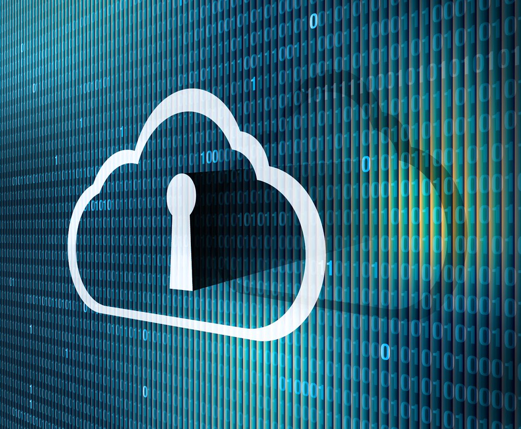 An icon of a cloud with a lock symbol superimposed on a surface showing binary digits