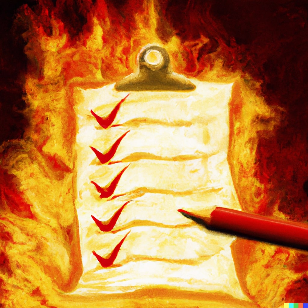 An AI generated image of a checklist going up in flames.