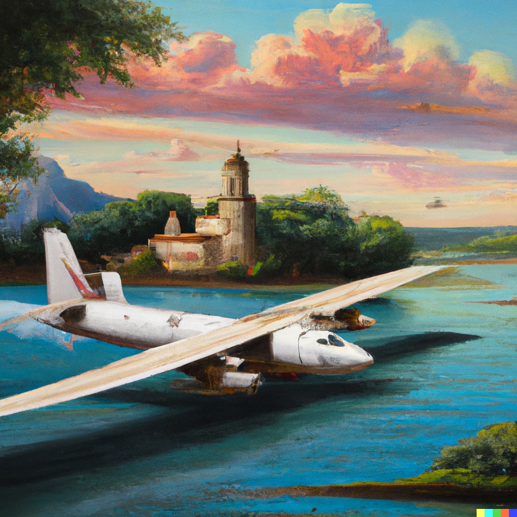 An AI generated painting of a plane landing on a river in a baroque style.