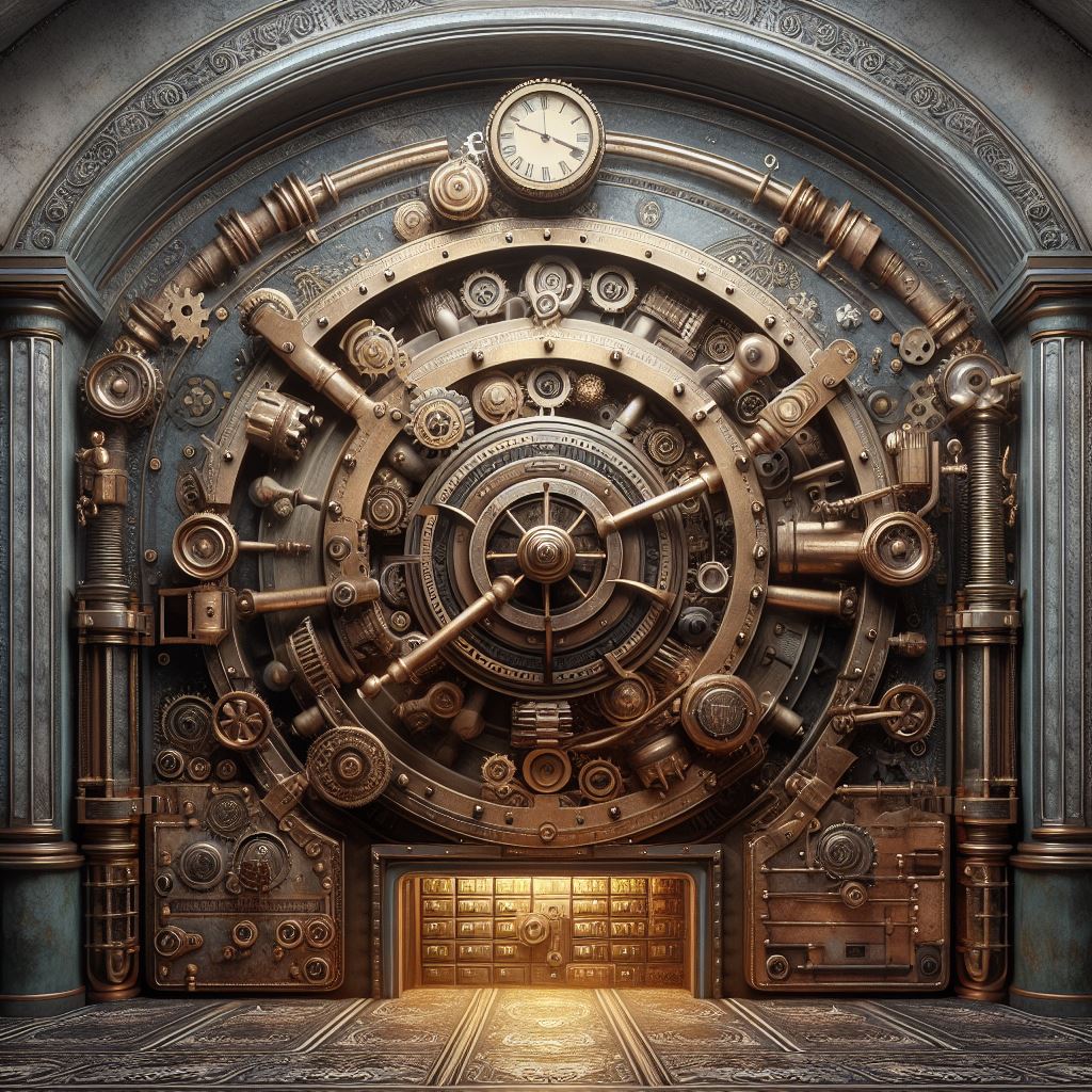 An AI generated image of a huge safe in a vault.