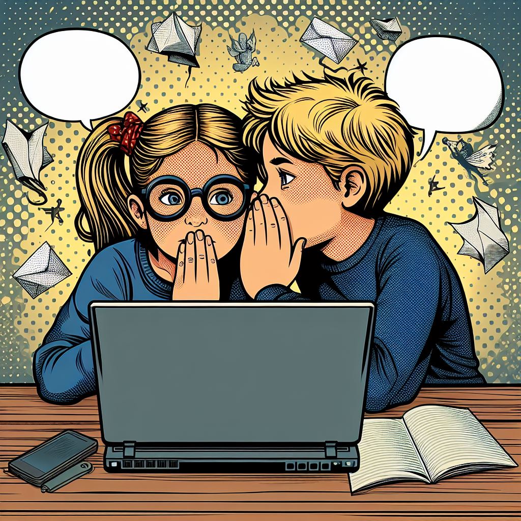 An AI generated image of two children whispering at a laptop.