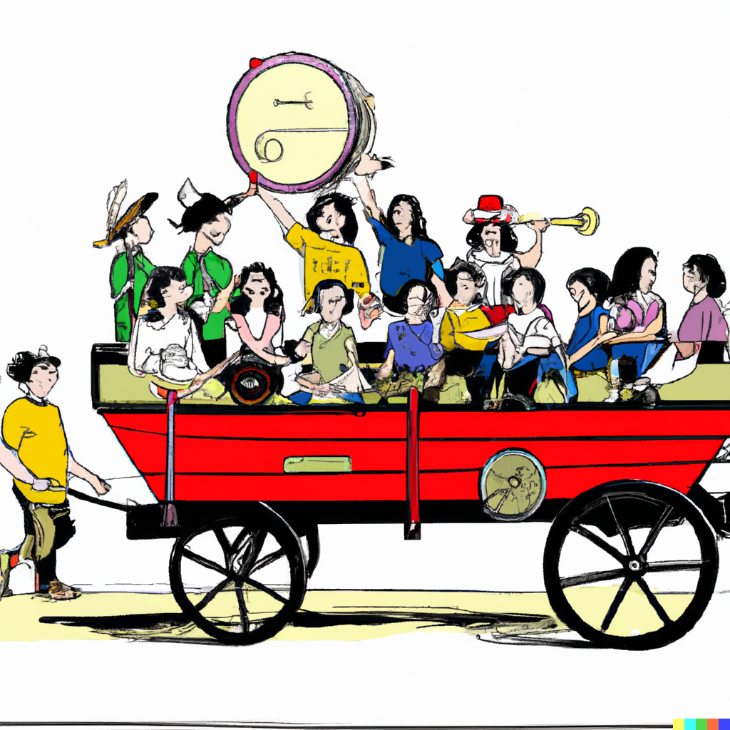 Pixel art of people playing instruments on a wagon