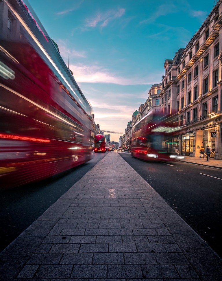 Timelapse photo of a London double-decker bus.