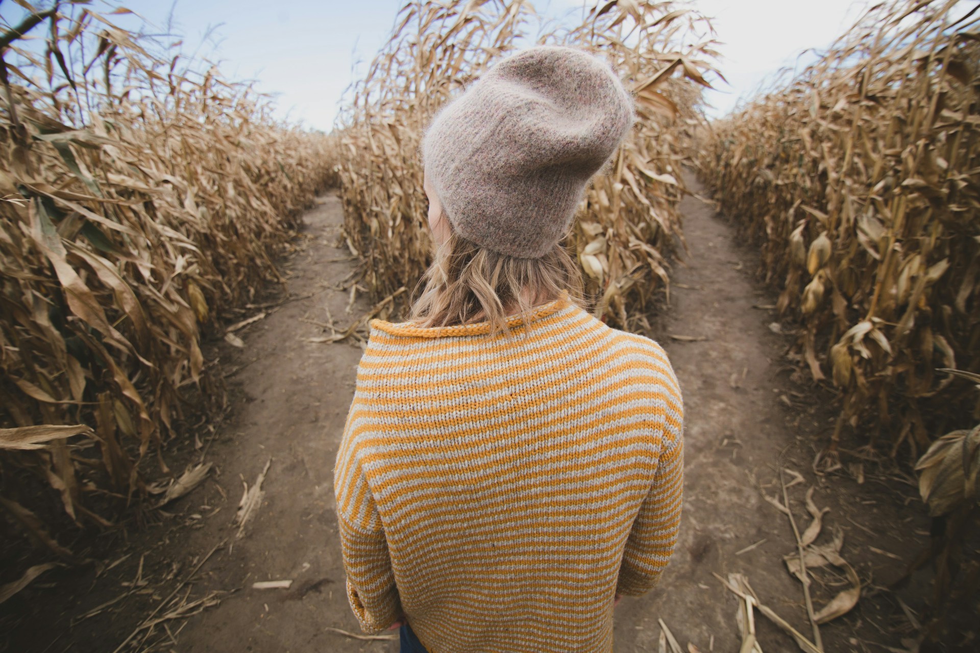 A woman stands at fork in the road, with two paths to choose from