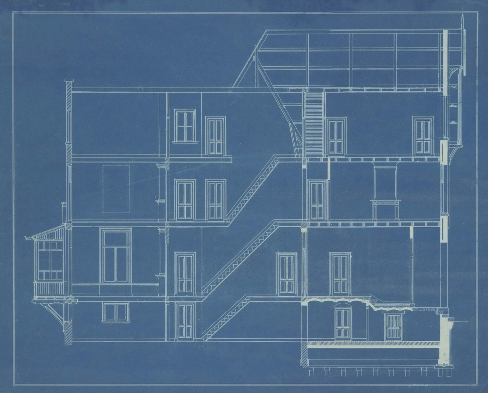 Design drawing in blueprint with cross-section.