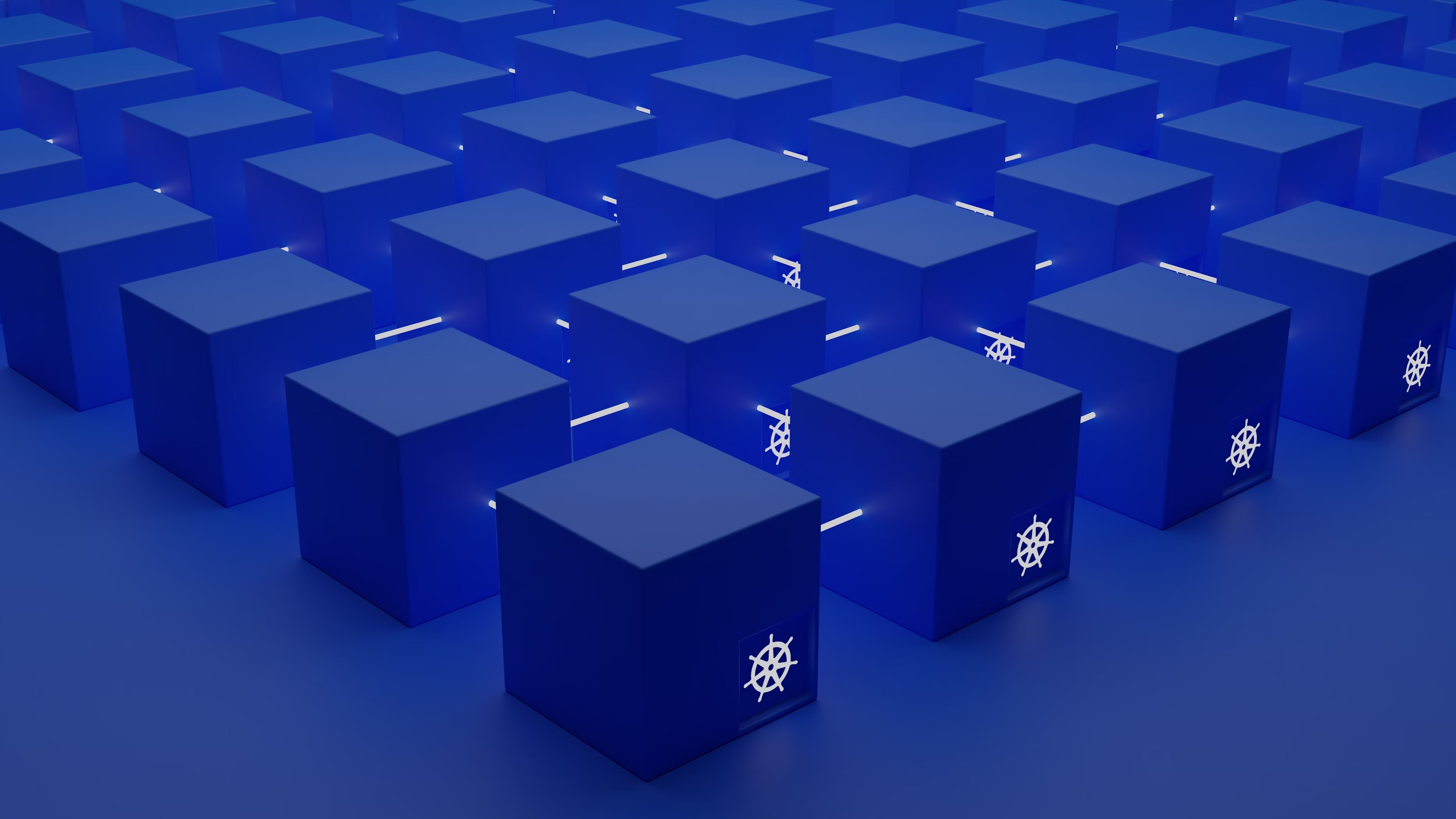 A group of blue boxes with Kubernetes logo