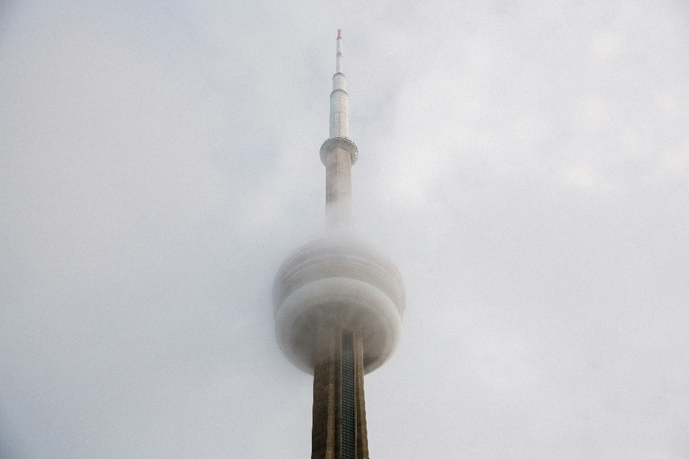 A tower in the fog