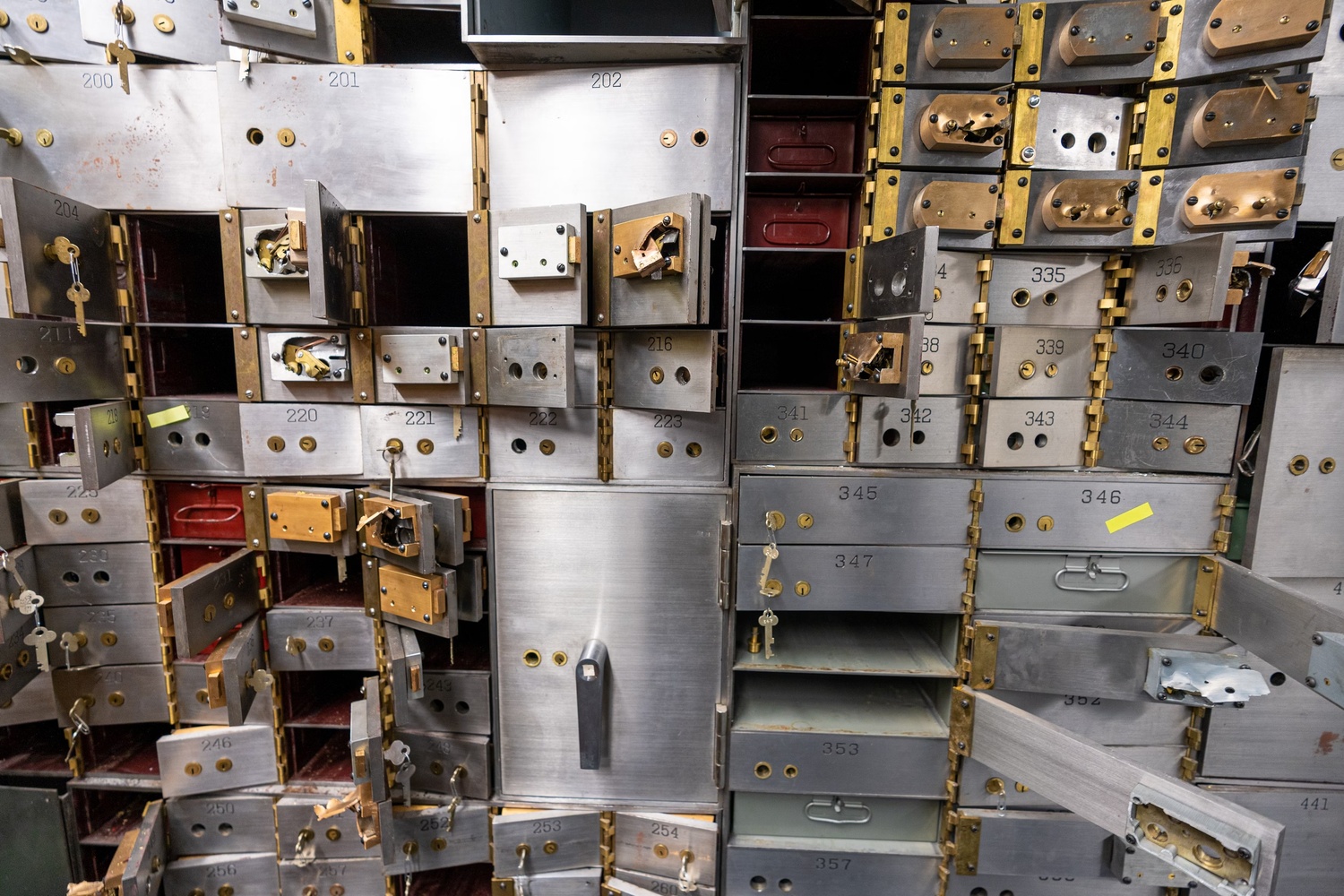 Empty bank vault safe deposit boxes.