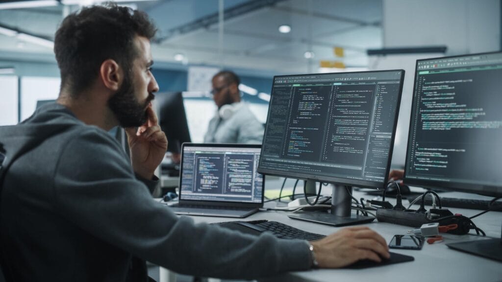 man writing reviewing code at a multiscreen workstation
