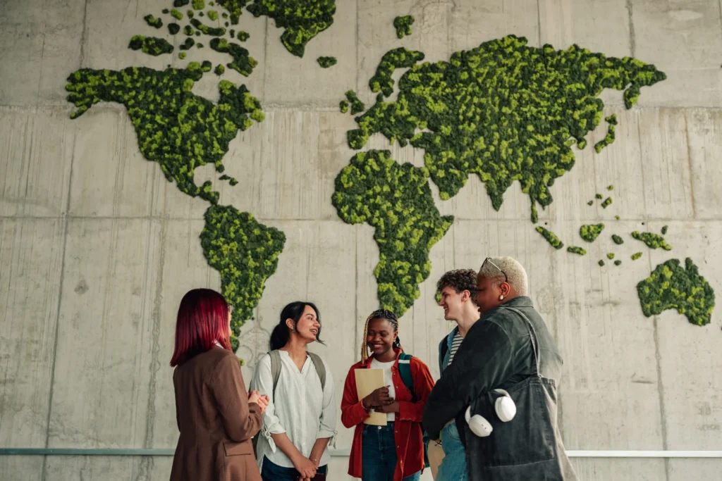 Group of diverse college students engaging in conversation with a moss world map on a concrete wall, symbolizing global education and environmental awareness