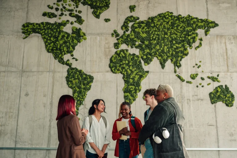 Group of diverse college students engaging in conversation with a moss world map on a concrete wall, symbolizing global education and environmental awareness